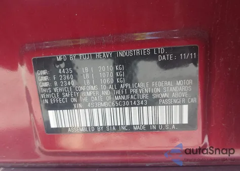 2012 Subaru Legacy 2.5I Premium из США, поврежденный, VIN 4S3BMBC65C3014343